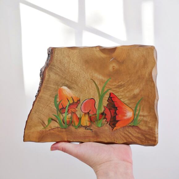 60s vintage Myrtlewood hand-painted mushroom wall décor 9” x 7” - Picture 2 of 10